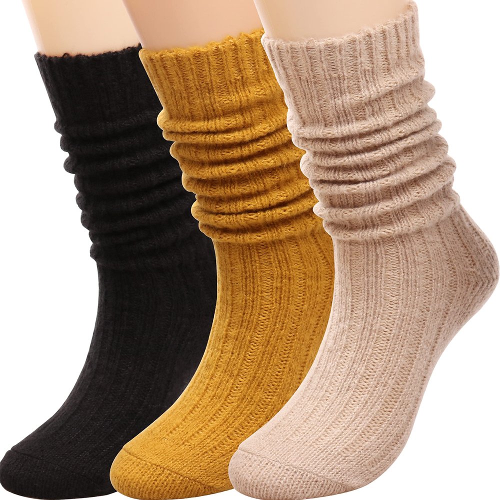 3 Pairs Women Winter Wool Cable Knit Crew Knee High Boot Socks,Size 5-11#W919 (Polyester Blend, Color A16)