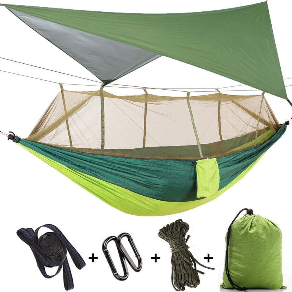 Camping Hammock with Mosquito Net & Rain Fly Tent Tarp & Tree Straps Portable Lightweight Double Nylon Hammock for Camping Hiking Travel Outdoor Backpacking