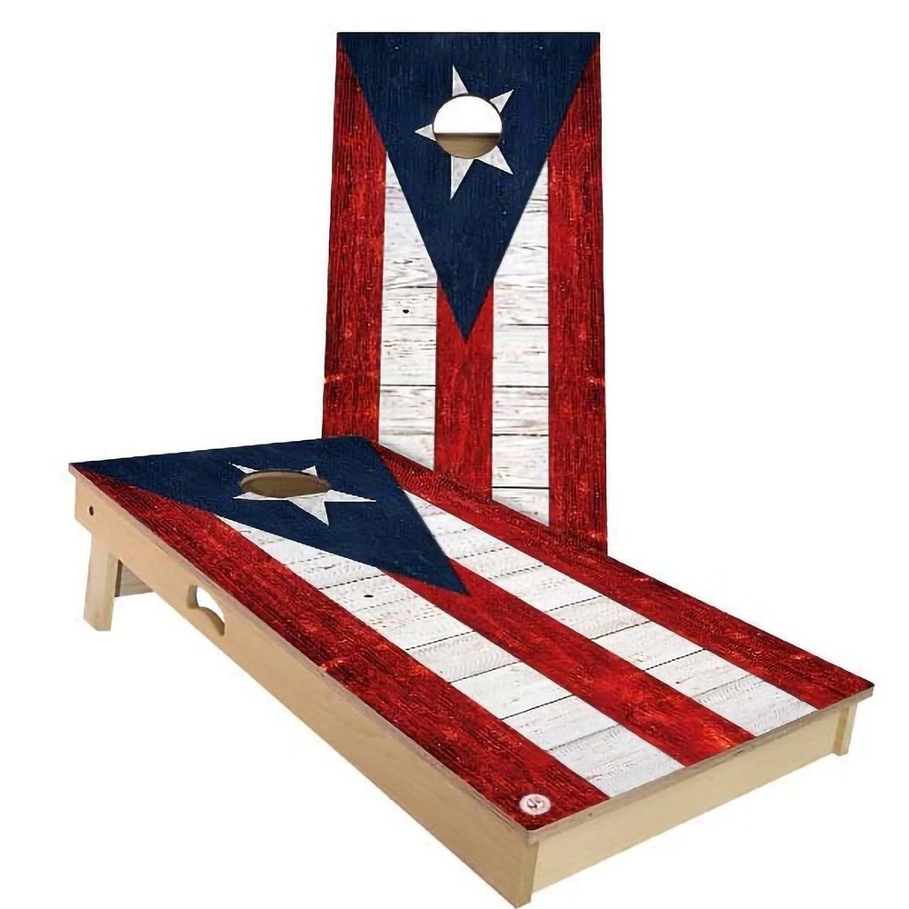 Skip's Garage Puerto Rico Flag Cornhole Set - Premium 2x4 (Weather Bags) - Include Hole Lights