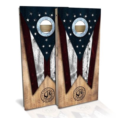Skip's Garage Ohio Flag Cornhole Set - Premium 2x4 (Weather Bags) - Include Hole Lights