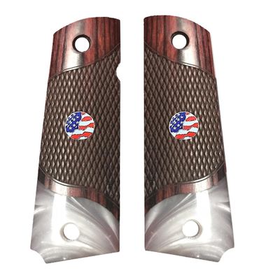 Premium Grips Compatible Replacement for 1911 Grips Full Size Double Diamond Checkered Rosewood Faux Pearl Accent W/US Flag Medallion