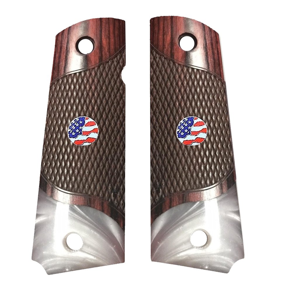 Premium Grips Compatible Replacement for 1911 Grips Full Size Double Diamond Checkered Rosewood Faux Pearl Accent W/US Flag Medallion