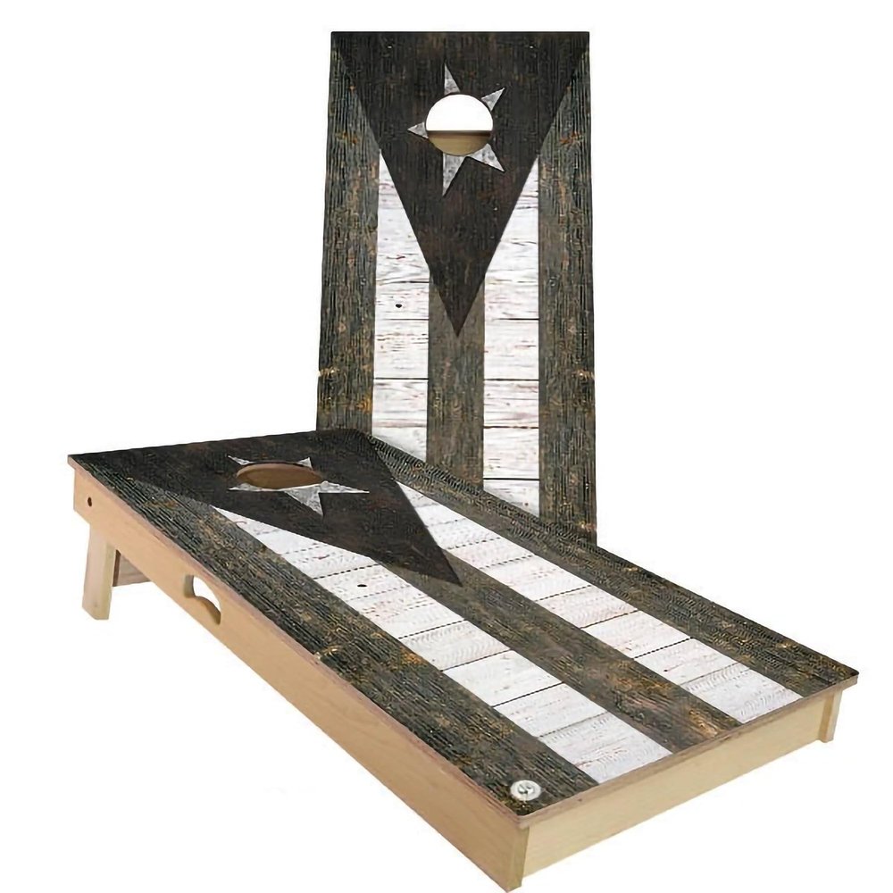 Skip's Garage Puerto Rico Rustic Flag Cornhole Set - Premium 2x4 (Weather Bags) - Include Case + Hole Lights