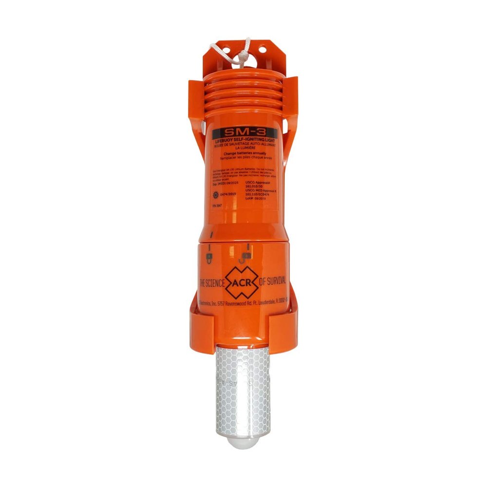 ACR SM3 Lifebuoy Self-Igniting Marker Light, USCG, SOLAS, and MED approved, is a direct replacement for the SM2, ensuring reliable visibility in emergency situations.