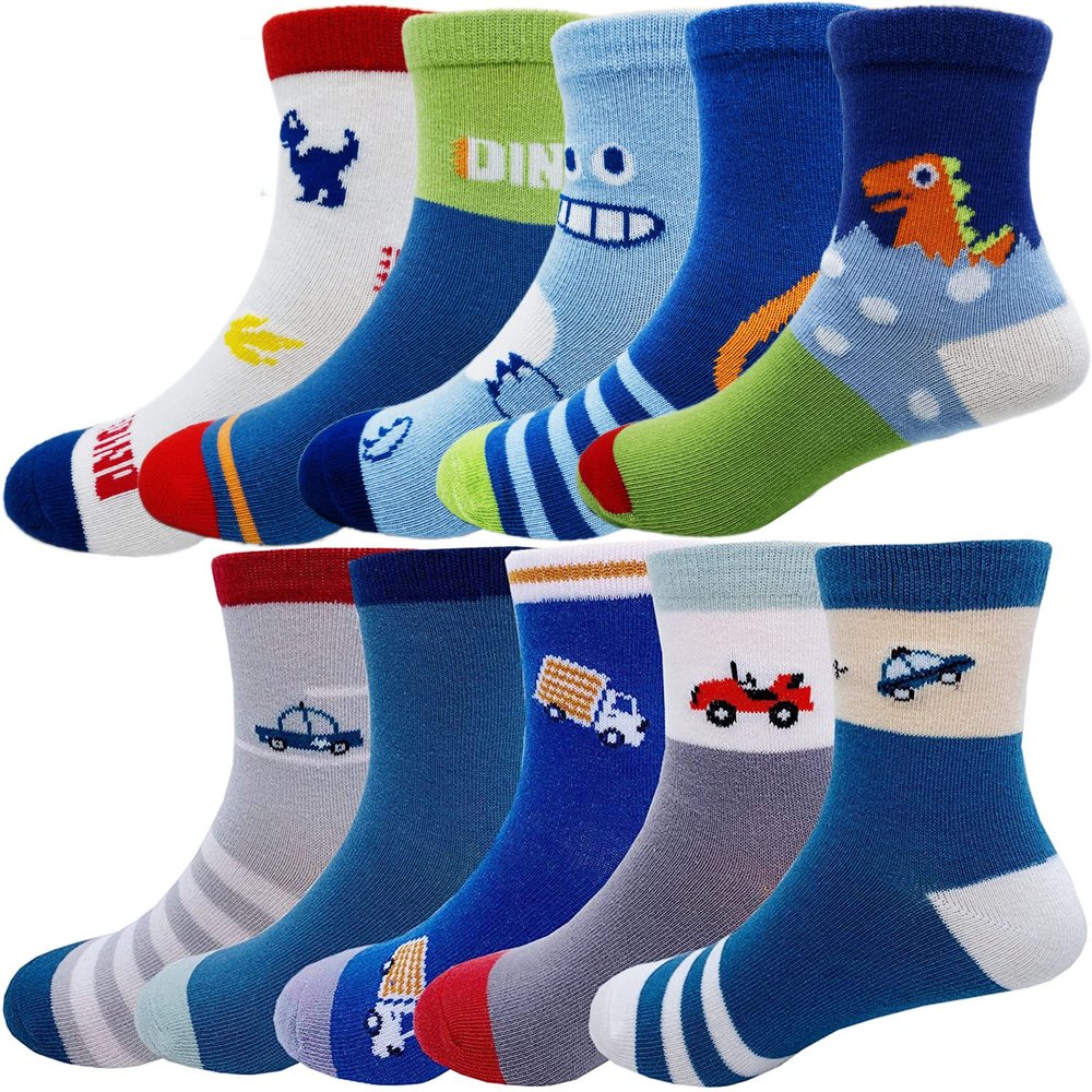 Cczmfeas Kids Boys Cartoon Dinosaurs Pattern Sport Socks 10 Pairs (8-12 years, Dinosaurs-Gray)