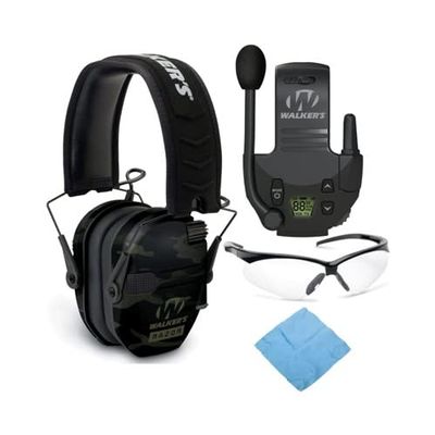 Walker's Razor Slim Electronic Shooting Muff (Kryptek Camo) Bundle with Walkie Talkie, Shooting Glasses, and Cleaning Cloth (4 Items)