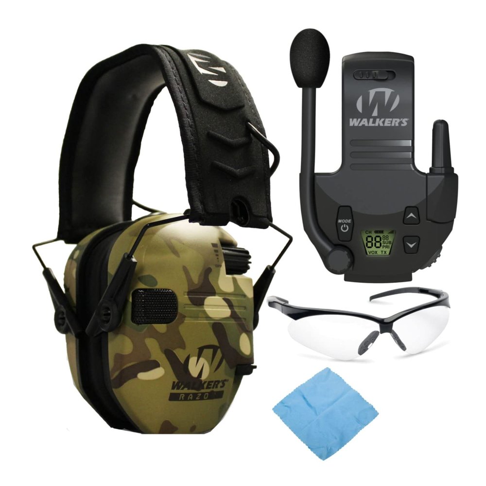 Walker's Razor Slim Electronic Muff (MultiCam Camo Tan) Bundle with Walkie-Talkie Attachment, Shooting Glasses and Cleaning Cloth (4 Items)