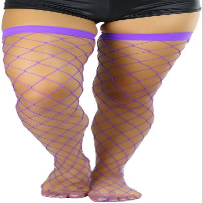 ToBeInStyle Womens Bright and Vibrant Fishnet Thigh High Stockings - Large Net Purple - OSR