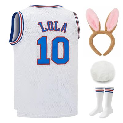 Lola #10 Space Mens Movie Jersey Looney Basketball Jersey Halloween Costumes Set with Bunny Head Hoop & Socks White S
