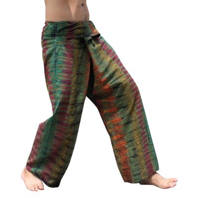 RaanPahMuang Mixed Cotton Fisherman Thai Wrap Pants Colorfully Hand Tie Dyed, Small, Thin Cotton - Olive Green Multicolor