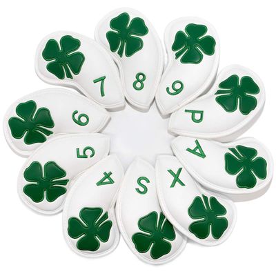 Golf Iron Covers,Golf Iron Head Covers Leather Golf Iron Covers Set 10pcs Golf Iron Headcovers,Lucky Clover Golf Club Head Covers for Iron with Magic Tape Fit All Brands Titleist,Callaway,Ping (White)
