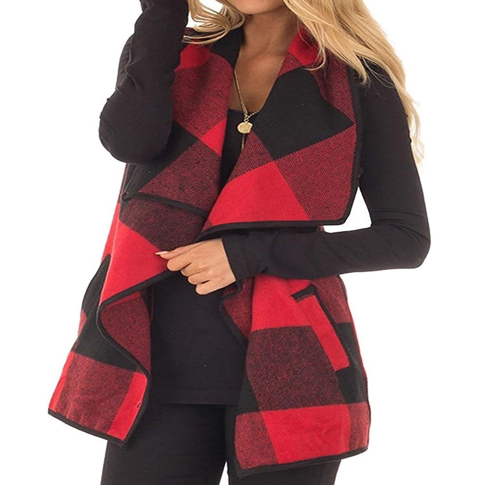 Womens Casual Lapel Open Front Plaid Vest Cardigan Coat with Pockets Sleeveless FallJacket Vintage Style Fashion Buffalo Plaid Outerwear Vests Plus Size Fall Cardigan Vest Shacket (Red, S)