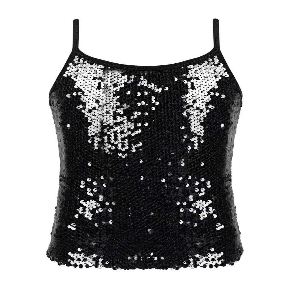 TiaoBug Girls Sparkle Sequins Dance Crop Top Sleeveless Round Neck Camisole Tank Tops Cheer Jazz Performance Shirt Vest Black 8