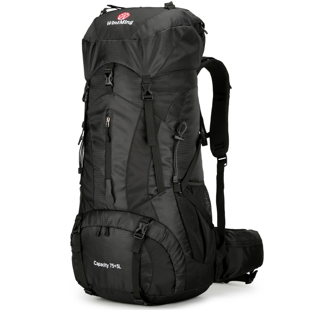 WintMing 75L Hiking Backpack with Rain Cover Waterproof Camping Backpack Shoes Warehouse for Men Women, Frameless (black)
