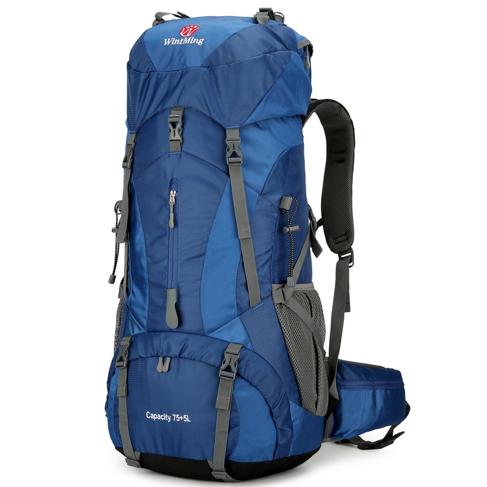 WintMing 75L Hiking Backpack with Rain Cover Waterproof Camping Backpack Shoes Warehouse for Men Women, Frameless (navy)