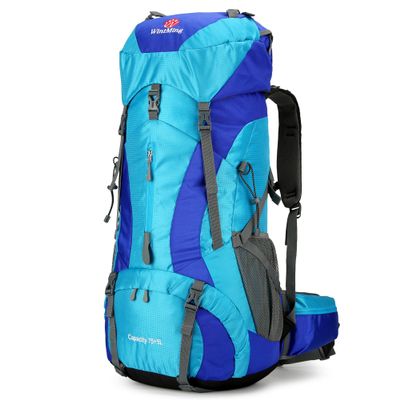 WintMing 75L Hiking Backpack with Rain Cover Waterproof Camping Backpack Shoes Warehouse for Men Women, Frameless (blue)