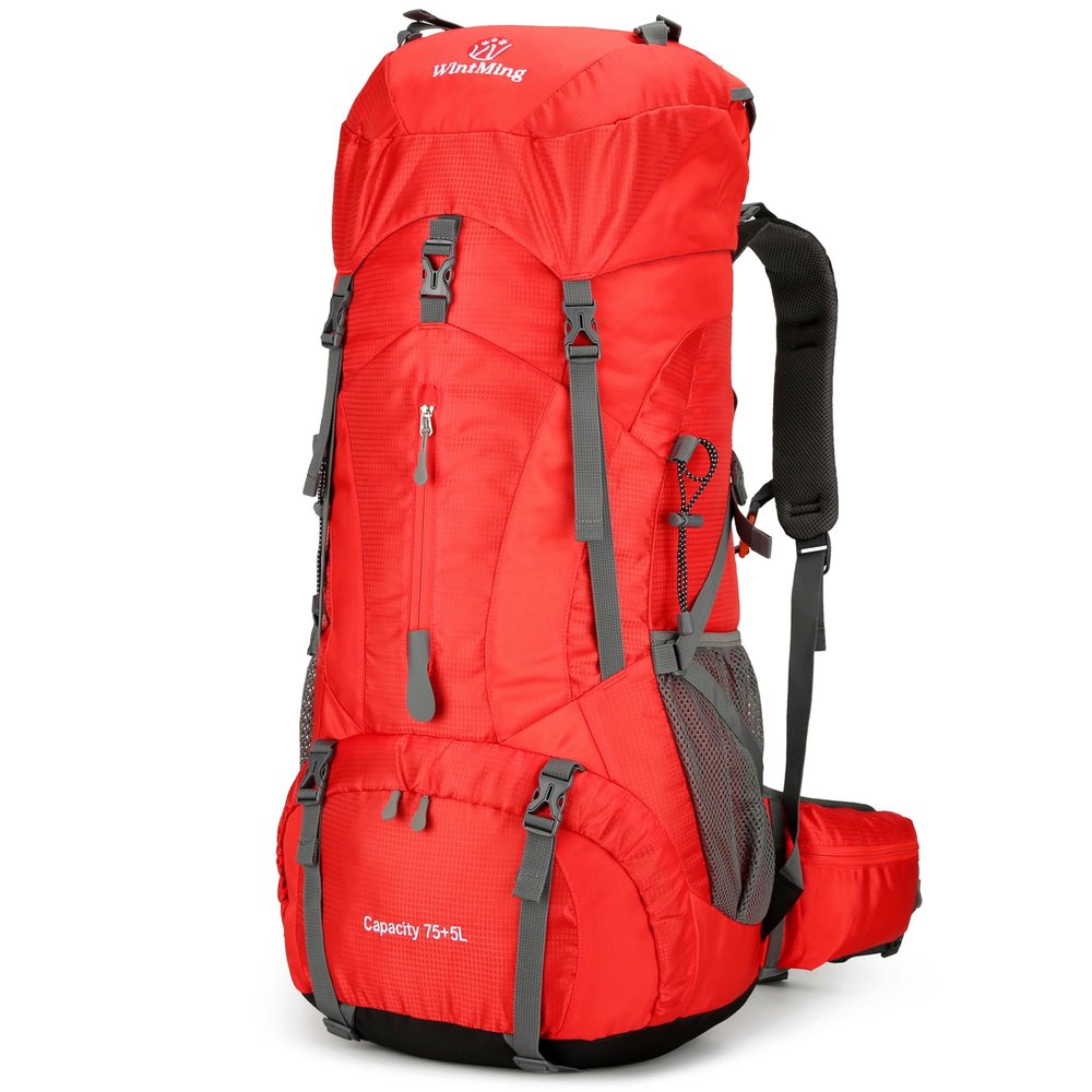 WintMing 75L Hiking Backpack with Rain Cover Waterproof Camping Backpack Shoes Warehouse for Men Women, Frameless (red)