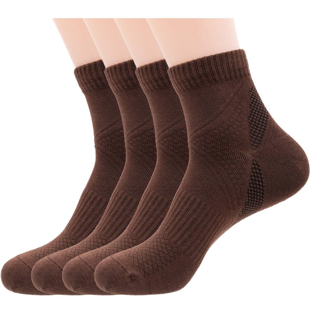 Mens Brown Athletic Quarter Ankle Socks, Cotton & Pearl-Fiber Low Crew Dress Socks Odor-Eater Moisture-Wicking Soft Cozy Breathable Sock for Sweaty Feet (4 Pack)