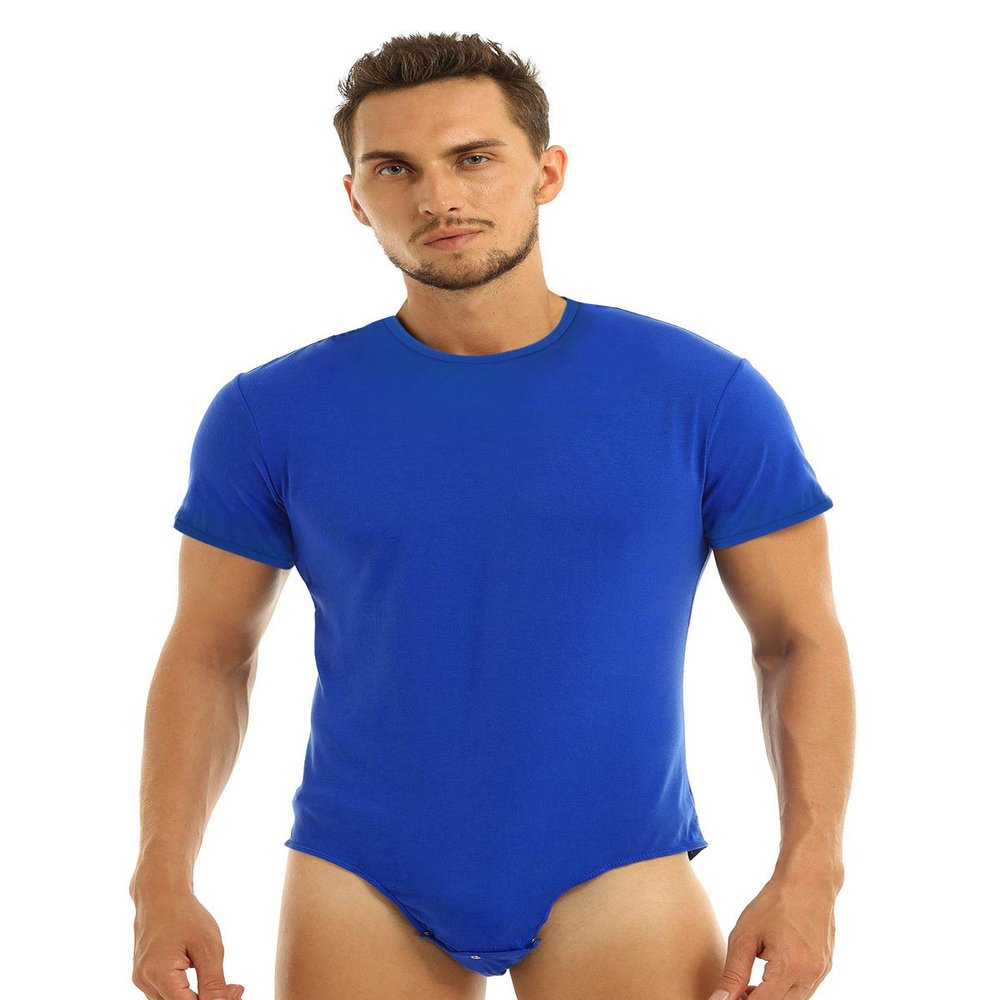 inlzdz Men's Turn-Down Collar Short Sleeve Button Crotch Shirt Leotard One Piece Bodysuit Jumpsuit Unitard Blue#Type B Medium