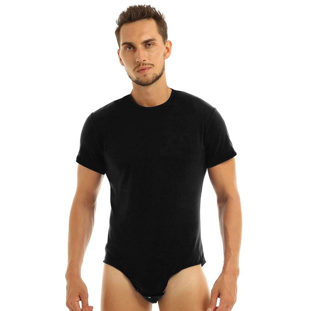 CHICTRY Men's One Piece Short Sleeve Round Neck T Shirt Leotard Bodysui Jumpsuit Undershirt Black XX-Large
