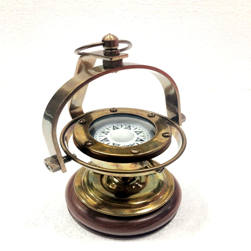 Nautical Gimbled Antique Brown Brass Navigation Compass with Wooden Base