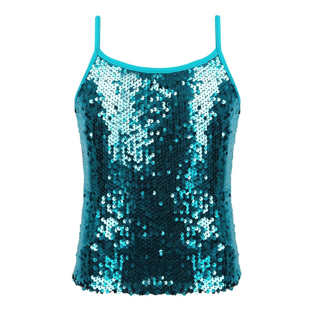 Moily Girls Sequins Adjustable Spaghetti Straps Tank Top Cami Shirts Dancewear for Jazz Hip Hop Lake_Blue 6