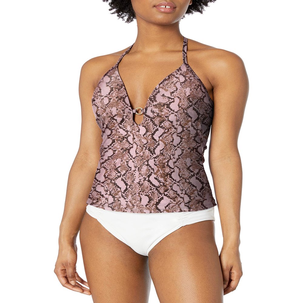 RACHEL Rachel Roy Women's Standard Strap with Circle Ring Halter Tankini Top, Pink, X-Small