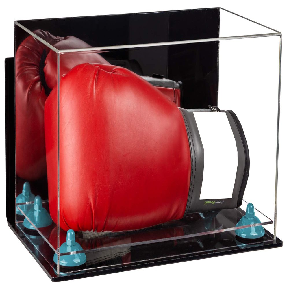 Better Display Cases Acrylic Catchers Glove Display Case with Mirror Case, Light Blue Risers , Wall Mount and Clear Base (A011/V16)