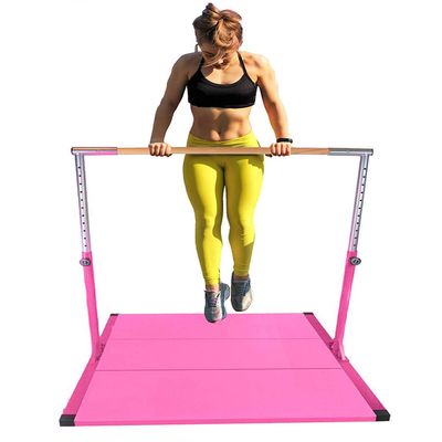 Kids Expandable Kip Bar with Tumble Mat Professional Horizontal Gymnastics Asymmetric Bar 4x6 FT Mat Jungle Gym Height Adjustable 3 to 5 FT Pink