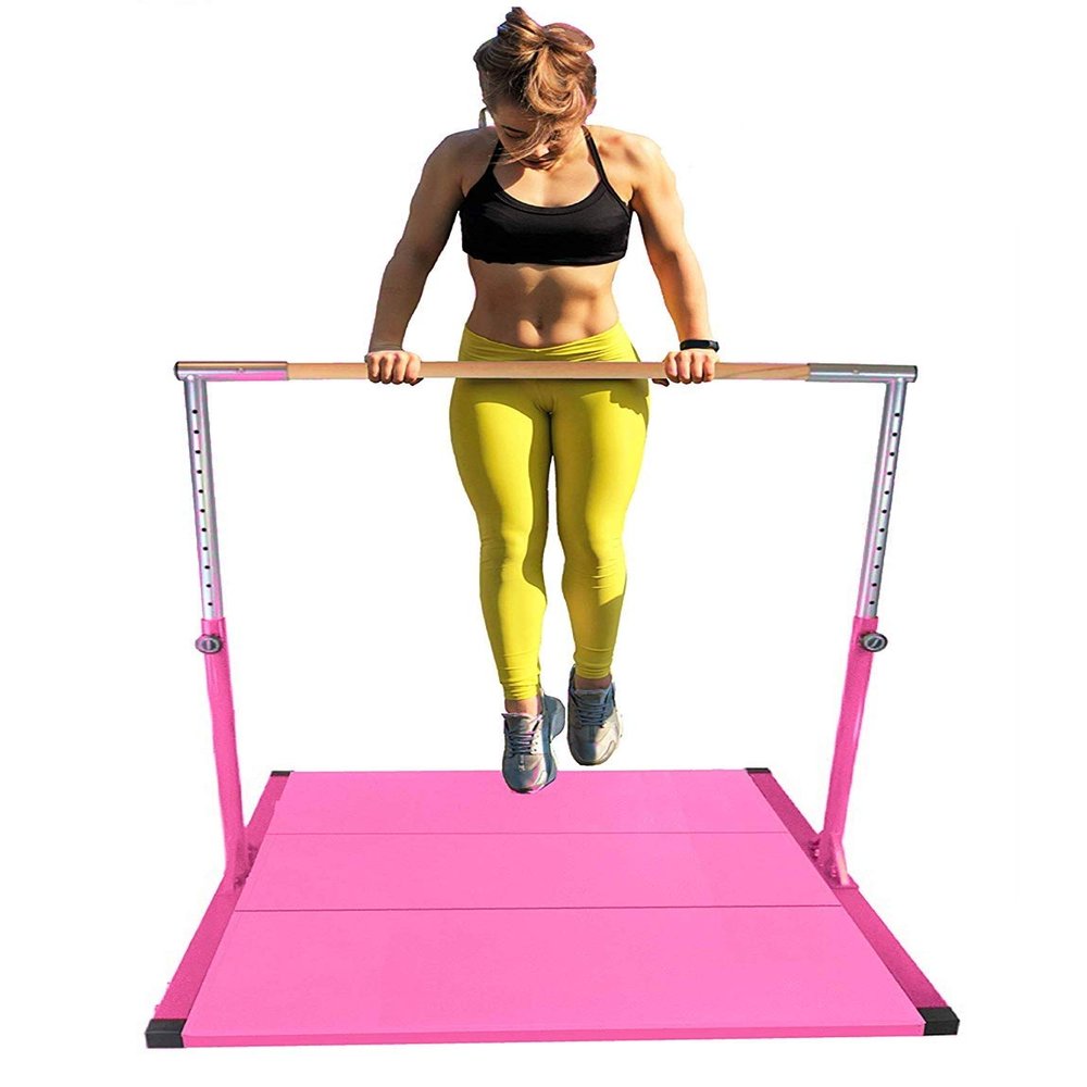 Kids Expandable Kip Bar with Tumble Mat Professional Horizontal Gymnastics Asymmetric Bar 4x6 FT Mat Jungle Gym Height Adjustable 3 to 5 FT Pink