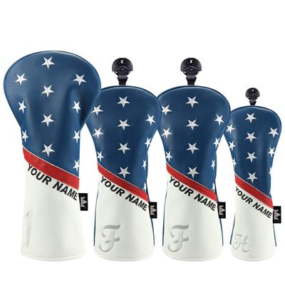 Craftsman Golf Personalised White Blue Red Stripes Stars Golf Headcover with Name for Driver Fairway Hybrid Club 4pcs/Set