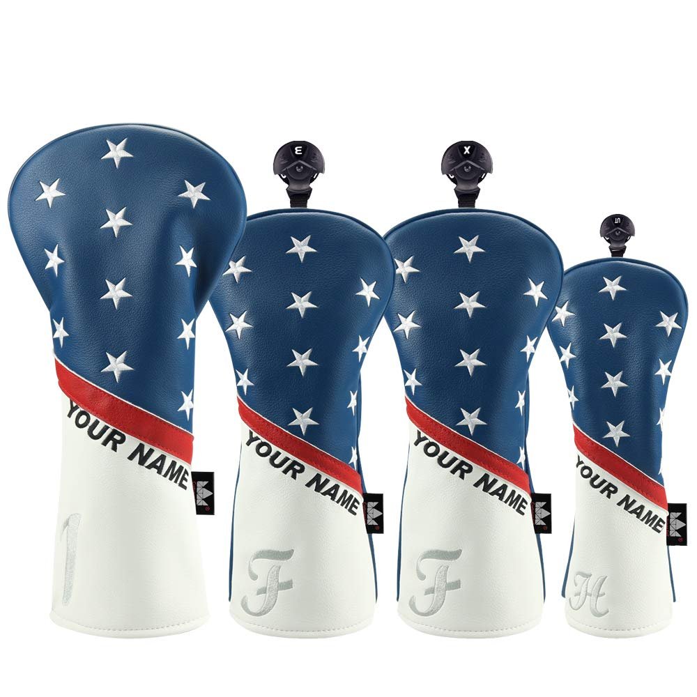 Craftsman Golf Personalised White Blue Red Stripes Stars Golf Headcover with Name for Driver Fairway Hybrid Club 4pcs/Set