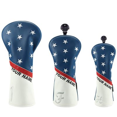 Craftsman Golf Personalised White Blue Red Stripes Stars Golf Headcover with Name for Driver Fairway Hybrid Club 3pcs/Set (3pcs(1.F.H))