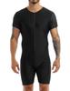 renvena Men's One Piece Short Sleeve Zipper Front Wrestling Singlet Dance Leotard Bodysuit Biketard Black X-Large view 1