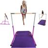 Kids Expandable Kip Bar with Tumble Mat Professional Pink Horizontal Gymnastics Asymmetric Bar 4x8 FT Mat Jungle Gym Height Adjustable 3 to 5 FT Purple Mat