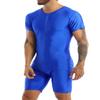 renvena Men's One Piece Short Sleeve Zipper Front Wrestling Singlet Dance Leotard Bodysuit Biketard Blue XX-Large view 2