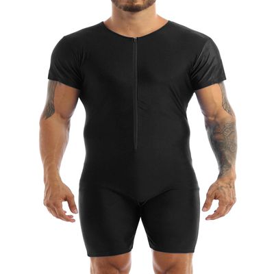 renvena Men's One Piece Short Sleeve Zipper Front Wrestling Singlet Dance Leotard Bodysuit Biketard Black XX-Large