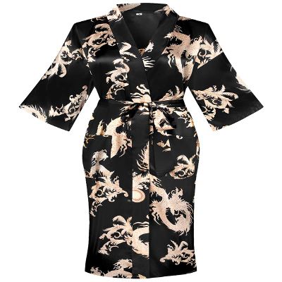 DandyChic Women's Long Floral Satin Robes Imitation Silk Sleepwear Bridal Dressing Gown for Bridesmaid Nightgown, Black/Feather-XL