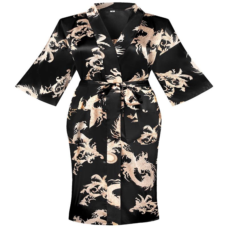 DandyChic Women's Long Floral Satin Robes Imitation Silk Sleepwear Bridal Dressing Gown for Bridesmaid Nightgown, Black/Feather-XL