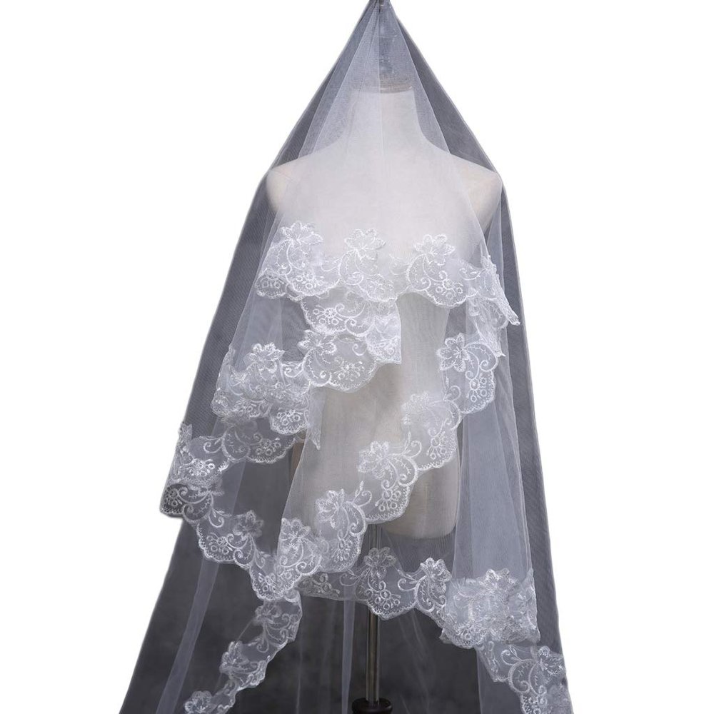 bluederst Wedding Veil Cathedral Length Flower Edge Appliques 150cm Long Bridal Veil