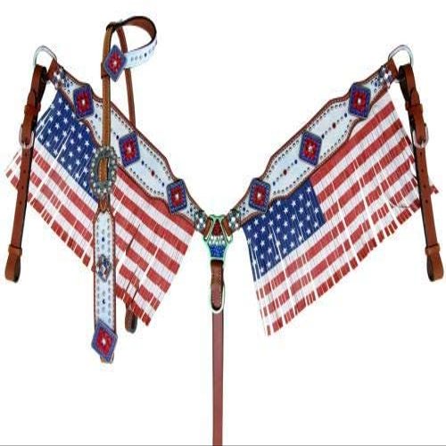 Showman American Flag Fringed Headstall & Breast Collar Set w/Reins