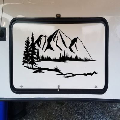 Minglewood Trading Turquoise | Lake Mountain Trees Scene Vinyl Sticker | Camper RV Travel Trailer Graphics | Die Cut Decal | 15w x 6h inches | Multiple Sizes & Colors