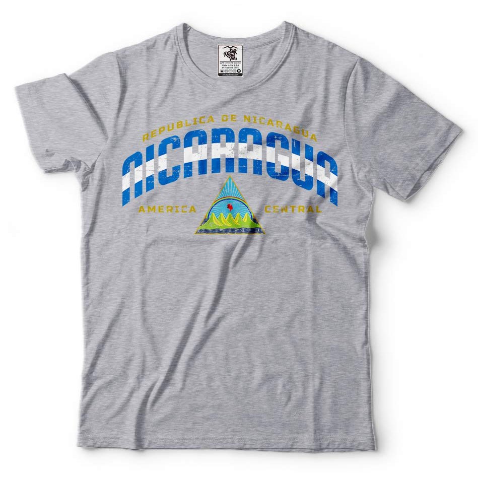 Silk Road Tees Nicaragua T-Shirt Nicaraguan Mens Shirt Heritage Flag Coat of arms tee Large Gray