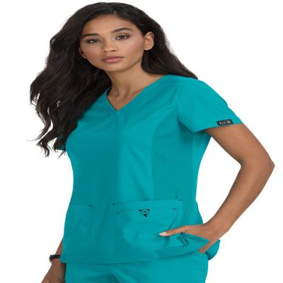 KOI Basics Katie Women's 4-Pocket Mock-Wrap Scrub Top Teal XX-Small