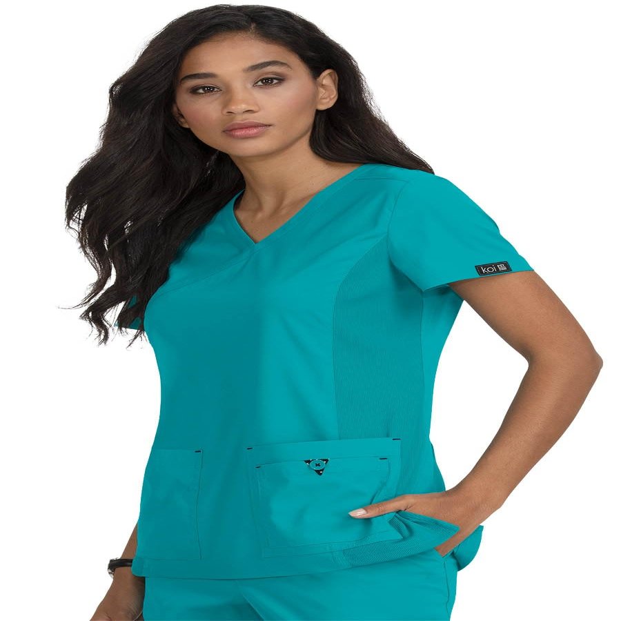 KOI Basics Katie Women's 4-Pocket Mock-Wrap Scrub Top Teal XX-Small