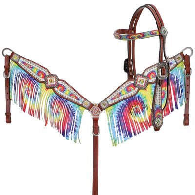 Showman Rainbow Tie Dye Headstall & Breast Collar Set w/Fringe