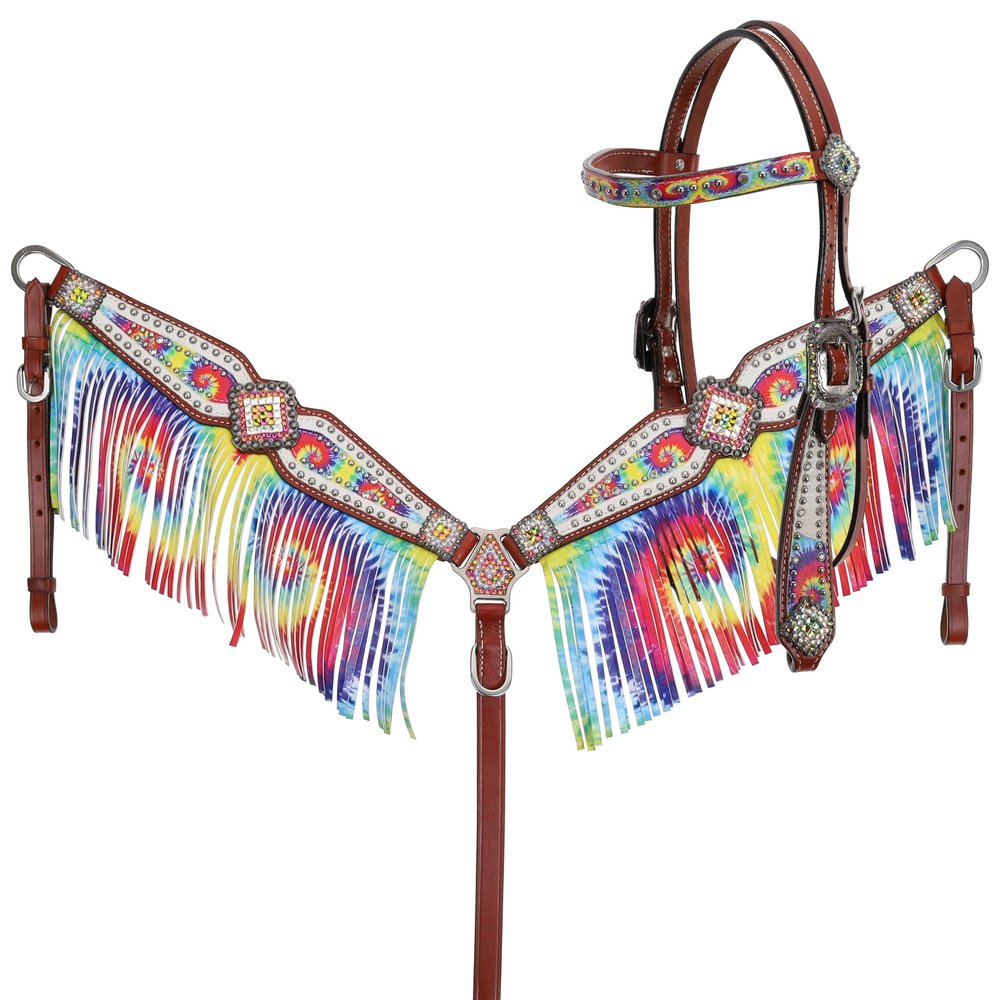 Showman Rainbow Tie Dye Headstall & Breast Collar Set w/Fringe