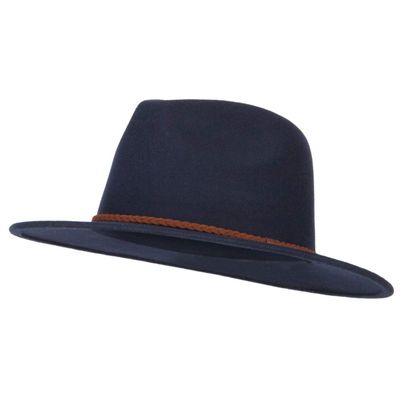 Unisex Braid Leatherette Band Trim Large Brim Polyester Fedora Hat - Navy L