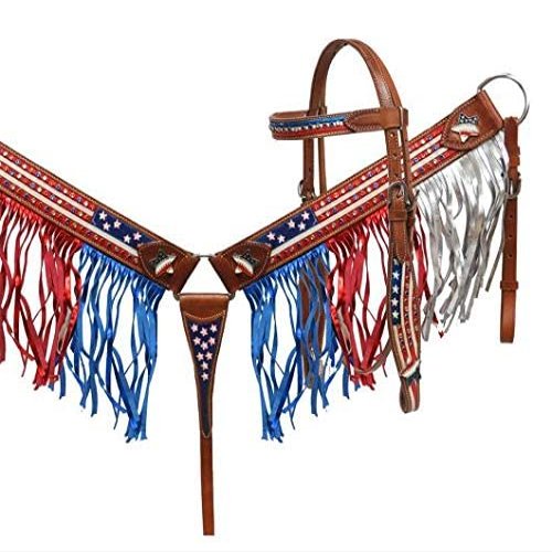Showman American Flag Painted Headstall & Breast Collar Set w/Fringe & Reins