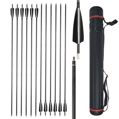ZSHJGJR 34 Inch Carbon Arrows Archery Hunting Target Arrow Spine 500 with 4" Real Feathers 100 Grain Points Arrow Quiver Tube 12 Pieces (12 Pieces Arrows + Quiver)
